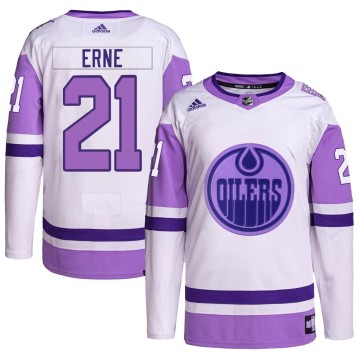 Authentic Adidas Men's Adam Erne Edmonton Oilers Hockey Fights Cancer Primegreen Jersey - White/Purple