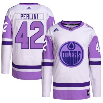 Authentic Adidas Men's Brendan Perlini Edmonton Oilers Hockey Fights Cancer Primegreen Jersey - White/Purple