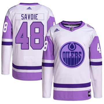 Authentic Adidas Men's Carter Savoie Edmonton Oilers Hockey Fights Cancer Primegreen Jersey - White/Purple