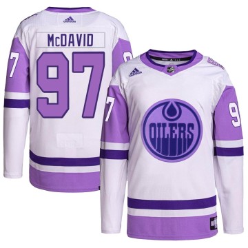 Authentic Adidas Men's Connor McDavid Edmonton Oilers Hockey Fights Cancer Primegreen Jersey - White/Purple