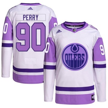 Authentic Adidas Men's Corey Perry Edmonton Oilers Hockey Fights Cancer Primegreen Jersey - White/Purple