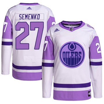 Authentic Adidas Men's Dave Semenko Edmonton Oilers Hockey Fights Cancer Primegreen Jersey - White/Purple