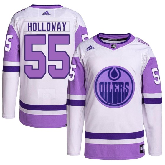 Authentic Adidas Men's Dylan Holloway Edmonton Oilers Hockey Fights Cancer Primegreen Jersey - White/Purple