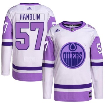 Authentic Adidas Men's James Hamblin Edmonton Oilers Hockey Fights Cancer Primegreen Jersey - White/Purple