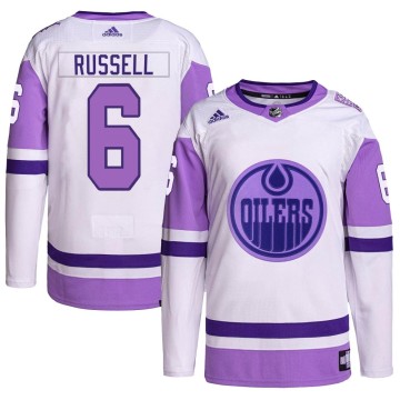 Authentic Adidas Men's Kris Russell Edmonton Oilers Hockey Fights Cancer Primegreen Jersey - White/Purple