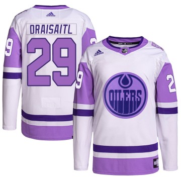 Authentic Adidas Men's Leon Draisaitl Edmonton Oilers Hockey Fights Cancer Primegreen Jersey - White/Purple