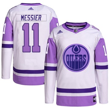 Authentic Adidas Men's Mark Messier Edmonton Oilers Hockey Fights Cancer Primegreen Jersey - White/Purple