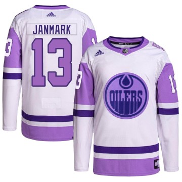 Authentic Adidas Men's Mattias Janmark Edmonton Oilers Hockey Fights Cancer Primegreen Jersey - White/Purple