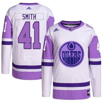 Authentic Adidas Men's Mike Smith Edmonton Oilers Hockey Fights Cancer Primegreen Jersey - White/Purple