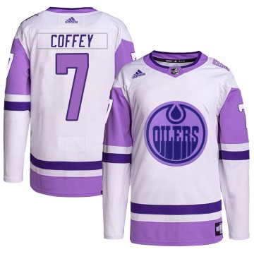 Authentic Adidas Men's Paul Coffey Edmonton Oilers Hockey Fights Cancer Primegreen Jersey - White/Purple