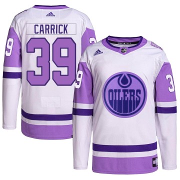 Authentic Adidas Men's Sam Carrick Edmonton Oilers Hockey Fights Cancer Primegreen Jersey - White/Purple