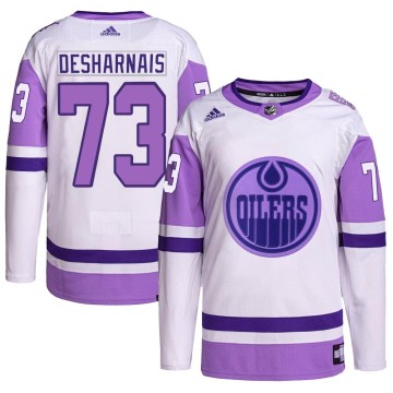 Authentic Adidas Men's Vincent Desharnais Edmonton Oilers Hockey Fights Cancer Primegreen Jersey - White/Purple