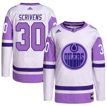Authentic Adidas Youth Ben Scrivens Edmonton Oilers Hockey Fights Cancer Primegreen Jersey - White/Purple
