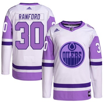 Authentic Adidas Youth Bill Ranford Edmonton Oilers Hockey Fights Cancer Primegreen Jersey - White/Purple
