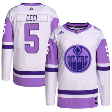 Authentic Adidas Youth Cody Ceci Edmonton Oilers Hockey Fights Cancer Primegreen Jersey - White/Purple