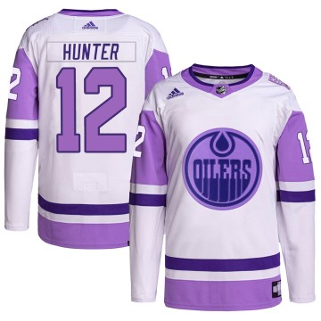 Authentic Adidas Youth Dave Hunter Edmonton Oilers Hockey Fights Cancer Primegreen Jersey - White/Purple