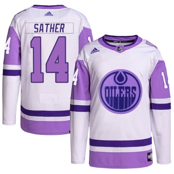 Authentic Adidas Youth Glen Sather Edmonton Oilers Hockey Fights Cancer Primegreen Jersey - White/Purple