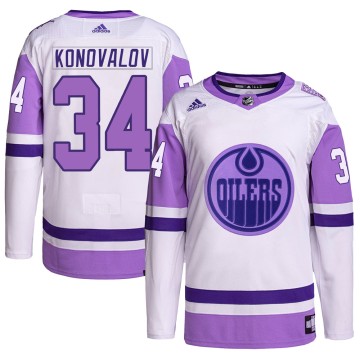 Authentic Adidas Youth Ilya Konovalov Edmonton Oilers Hockey Fights Cancer Primegreen Jersey - White/Purple