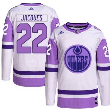 Authentic Adidas Youth Jean-Francois Jacques Edmonton Oilers Hockey Fights Cancer Primegreen Jersey - White/Purple
