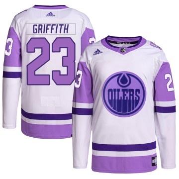 Authentic Adidas Youth Seth Griffith Edmonton Oilers Hockey Fights Cancer Primegreen Jersey - White/Purple