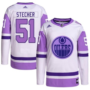 Authentic Adidas Youth Troy Stecher Edmonton Oilers Hockey Fights Cancer Primegreen Jersey - White/Purple