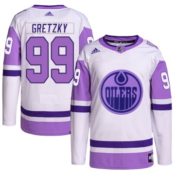 Authentic Adidas Youth Wayne Gretzky Edmonton Oilers Hockey Fights Cancer Primegreen Jersey - White/Purple